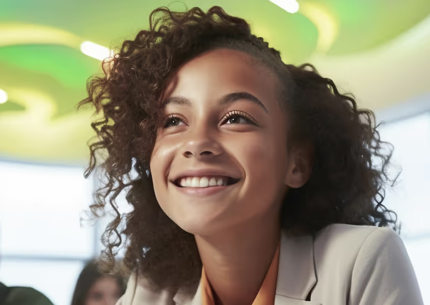 Person smiling in a bright indoor space